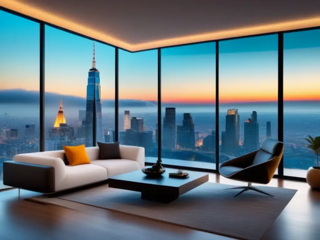 Renovación inmobiliaria exitosa: sala de estar de lujo con vista urbana Renovación y venta de propiedades: Sala de estar moderna y lujosa con vista a la ciudad