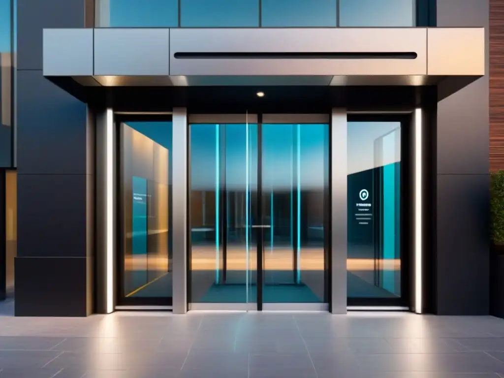 Entrada ultramoderna con puertas automáticas de reconocimiento de patrones Ventajas de puertas automáticas con reconocimiento de patrones en un edificio futurista de alta tecnología