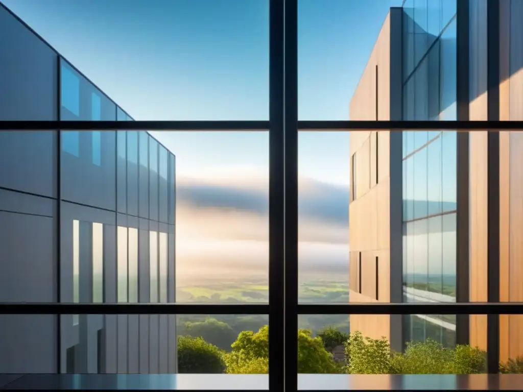 Ventana inteligente: innovación y sostenibilidad en armonía Ventana inteligente de eficiencia energética en edificio sostenible, con tecnología innovadora y diseño moderno