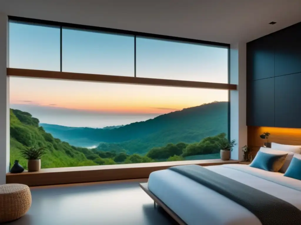 Ventanas inteligentes: armonía eco-moderna Ventanas inteligentes de eficiencia energética en hogar moderno y sostenible, fusionando tecnología y naturaleza