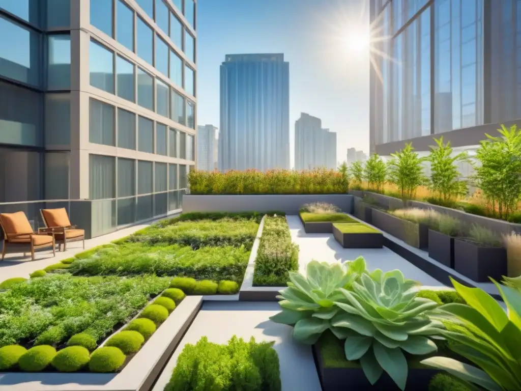 Jardín verde en azotea: armonía urbana sostenible Un jardín verde en la azotea de un edificio moderno, destacando los beneficios fiscales de las propiedades verdes