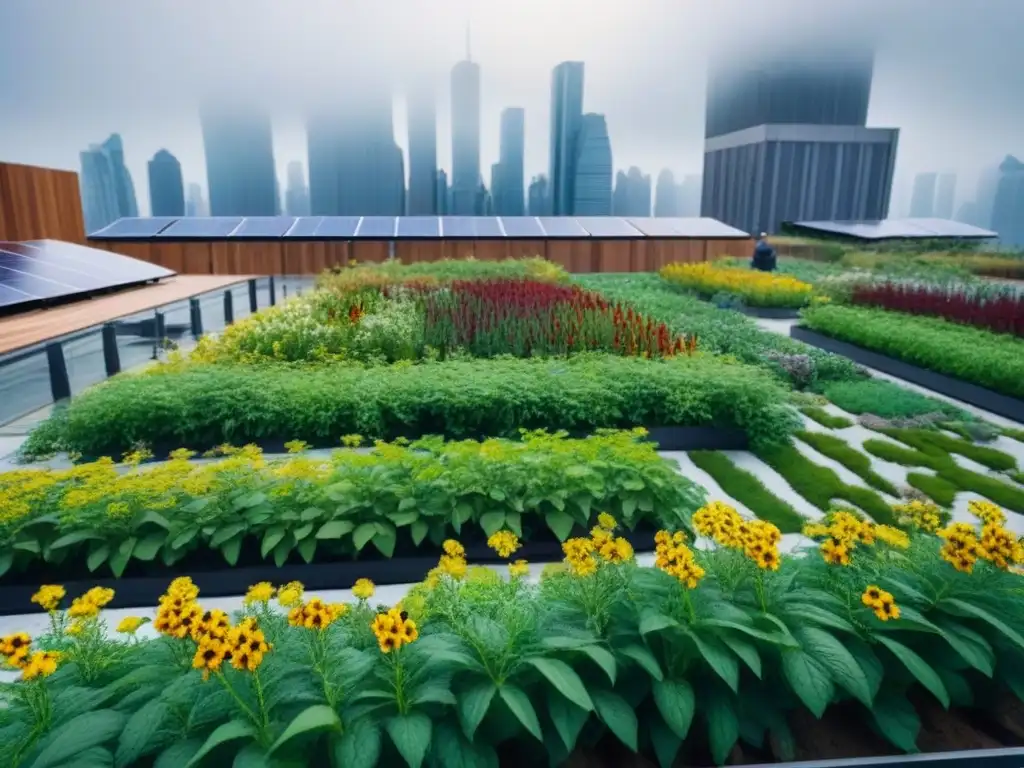Jardín ecológico en azotea: armonía entre naturaleza y modernidad Un jardín verde en la azotea de un rascacielos sostenible, con biodiversidad y paneles solares