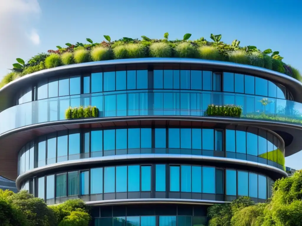 Edificio verde futurista: arquitectura sostenible en armonía con la naturaleza Edificación verde futurista con arquitectura curva y materiales sostenibles, rodeada de jardines verticales y tecnologías eco