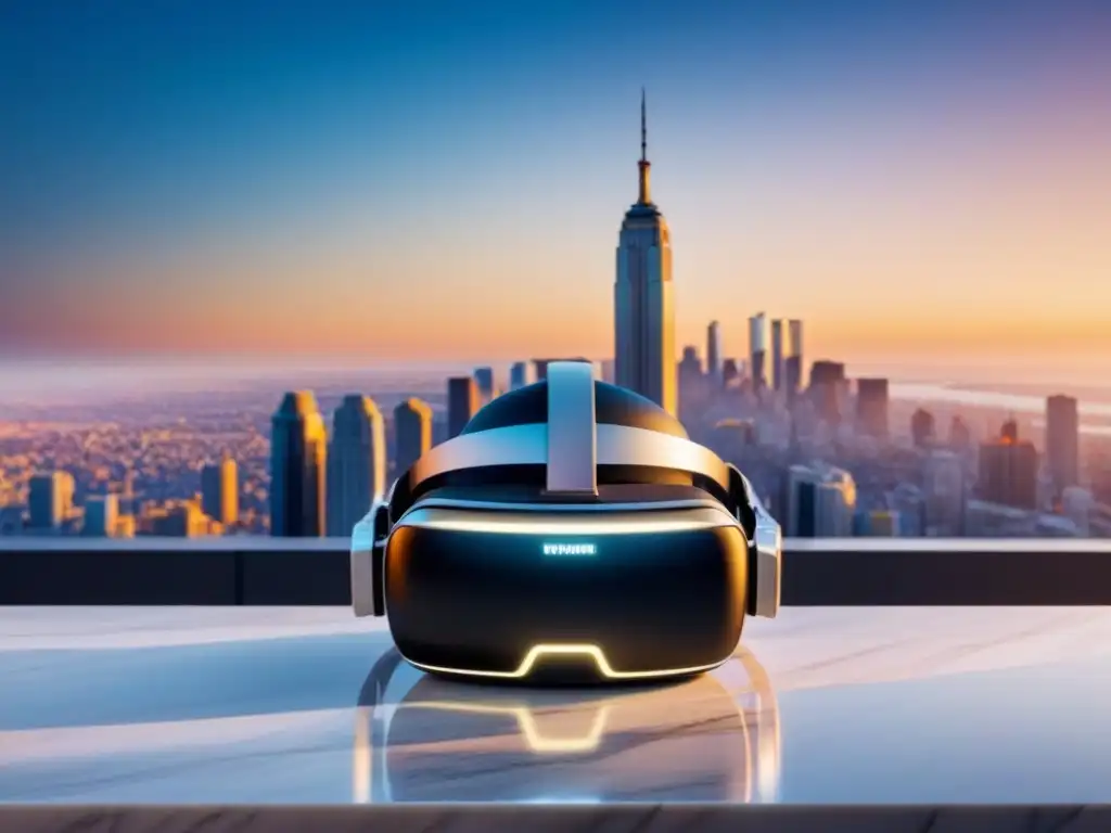 Inversión inmobiliaria global: Lujo virtual en alta resolución Un viaje inmersivo por propiedades globales con realidad virtual en auriculares futuristas sobre mármol