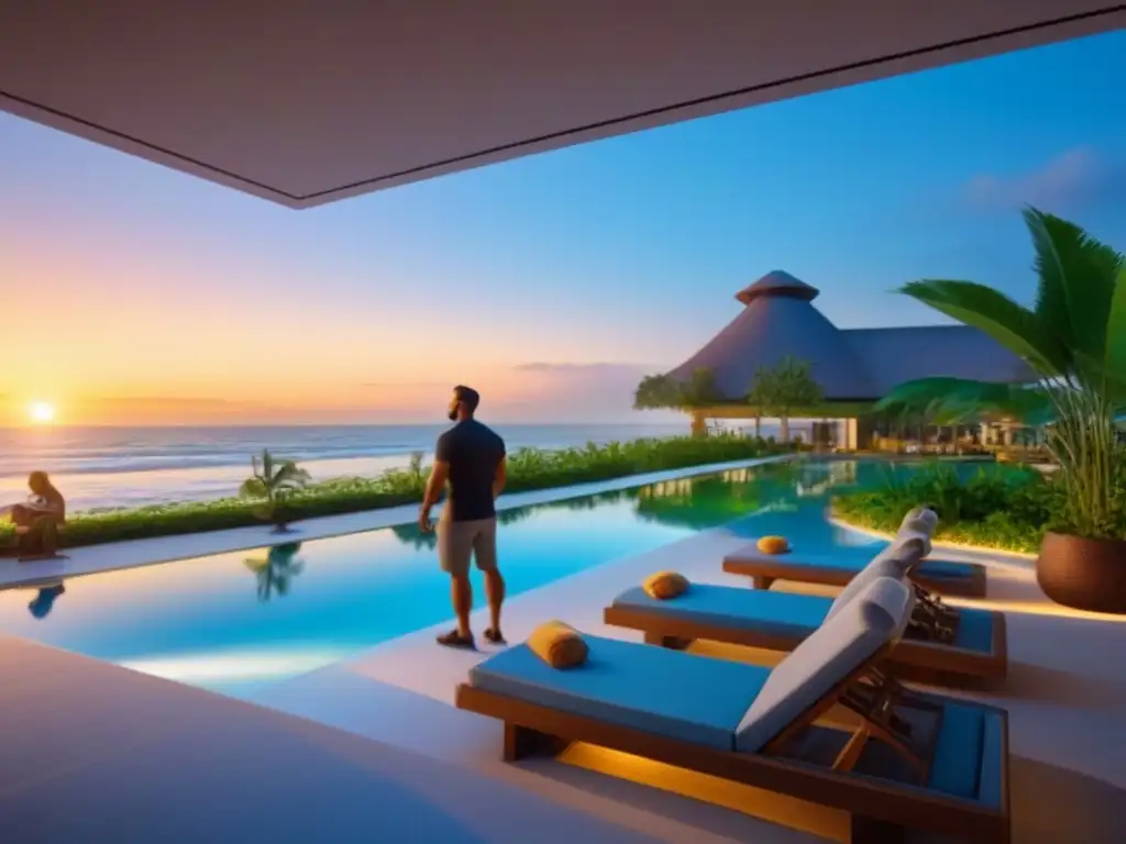 Viajeros disfrutan de beneficios en un resort de tiempo compartido, con arquitectura moderna, vegetación exuberante y puesta de sol en la playa
