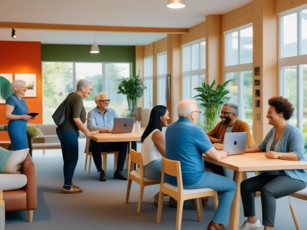Comunidad de convivencia feliz y diversa en espacio moderno Un vibrante y acogedor espacio común en una comunidad de cohousing moderna, reflejando las tendencias del mercado inmobiliario