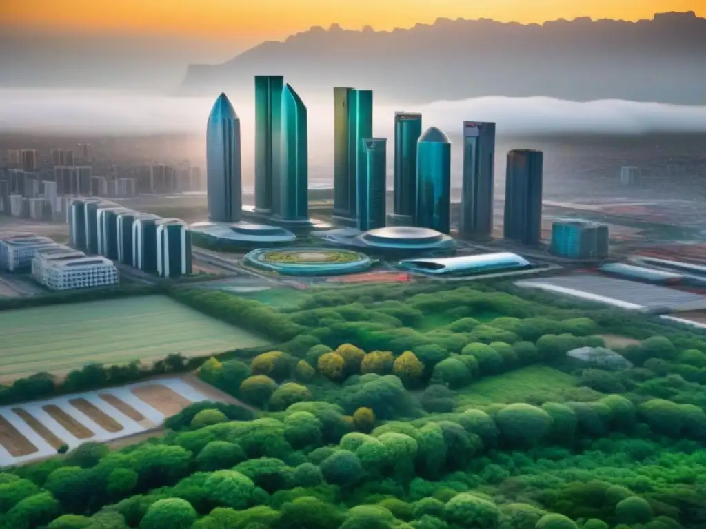 Horizonte Futurista Africano: Arquitectura Innovadora en la Ciudad Vibrante skyline africano fusiona tradición y modernidad, reflejando tendencias construcción mercado inmobiliario África