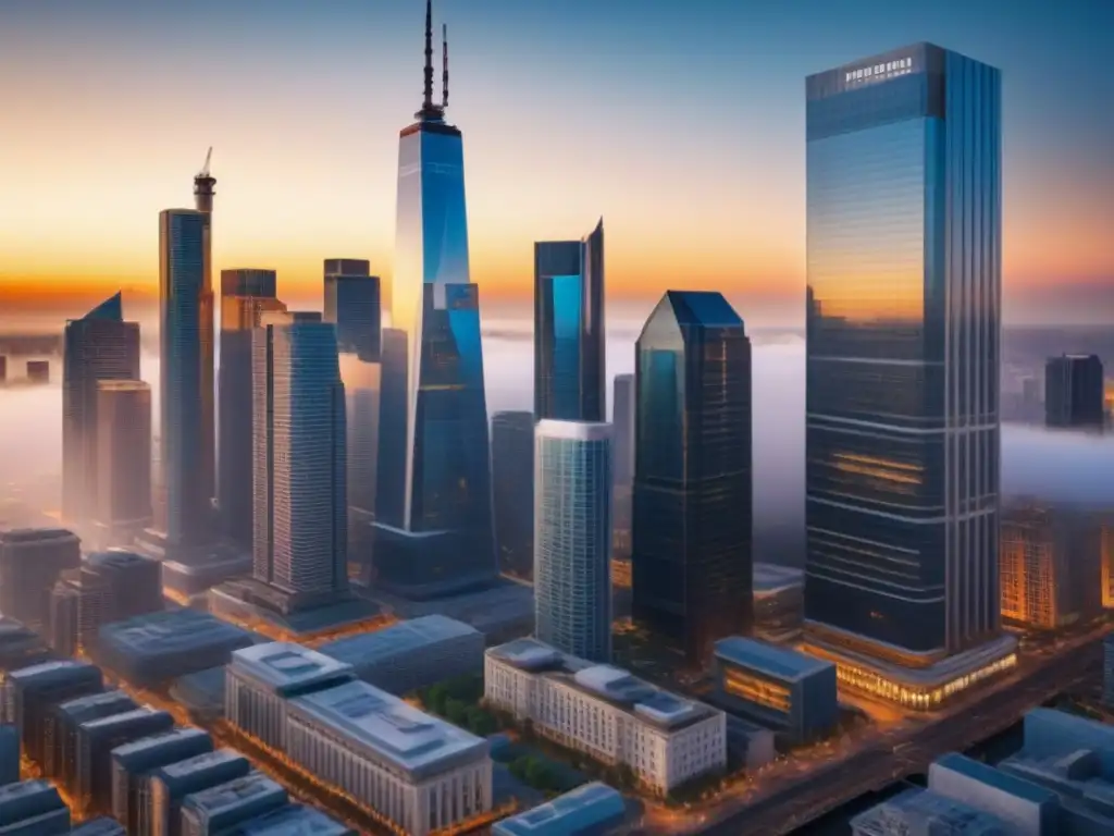 Vibrante escena urbana al amanecer: mercado inmobiliario en crecimiento Un vibrante amanecer en la ciudad con profesionales y rascacielos modernos, reflejando oportunidades de oro mercado inmobiliario