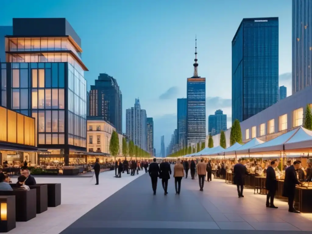 Metrópolis vibrante: desarrollo urbano al atardecer Vibrante área metropolitana al atardecer con rascacielos modernos iluminados y una plaza llena de vida