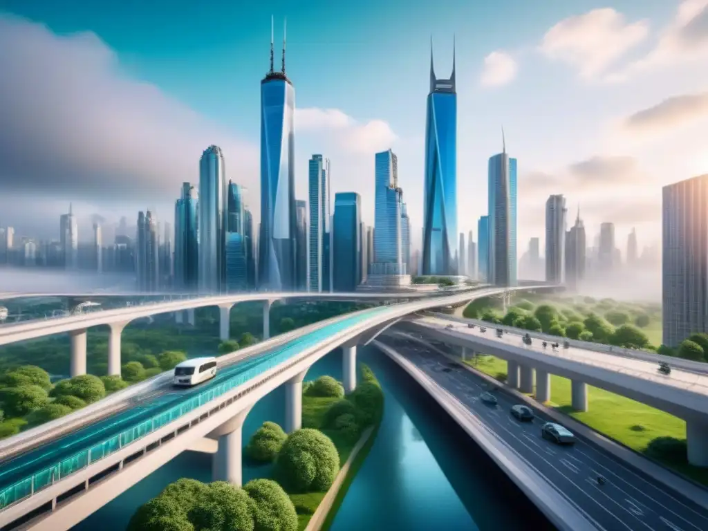 Metrópolis futurista: rascacielos, puentes y vida urbana Vibrante área metropolitana con rascacielos modernos y parque verde, simbolizando transformaciones áreas metropolitanas desarrollos inmobiliarios