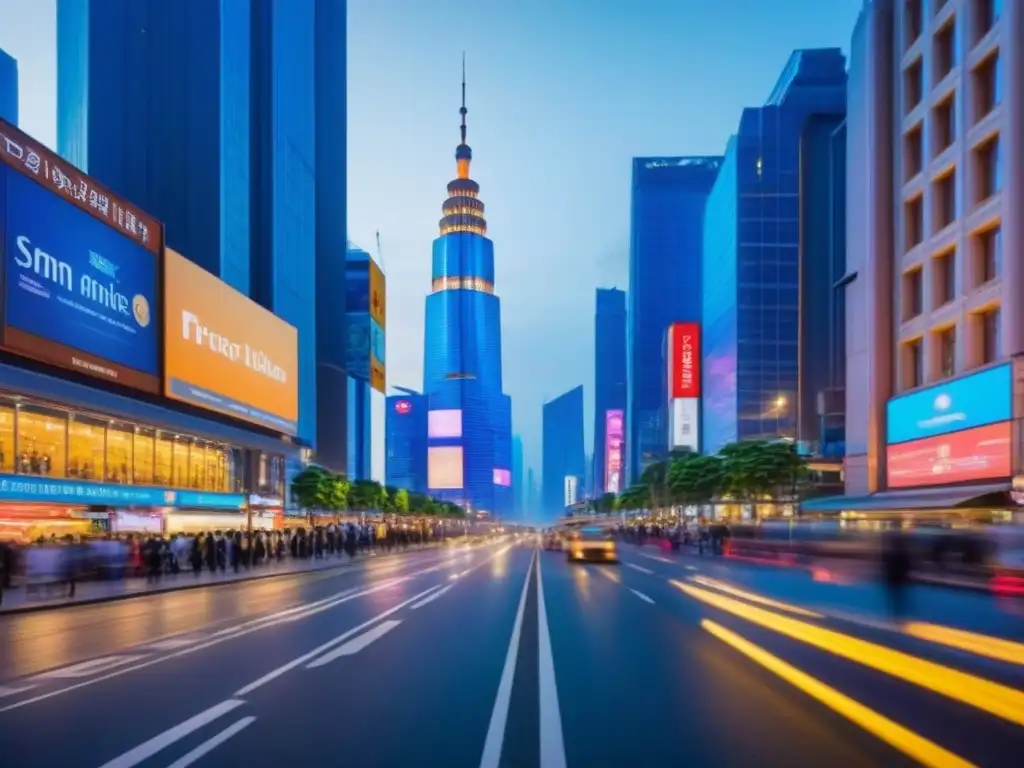 Metrópolis asiática moderna: luces y energía urbana Vibrante metrópolis asiática con rascacielos iluminados y bulliciosa vida urbana