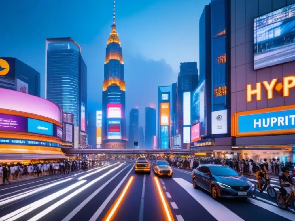 Metrópolis asiática futurista: luces neón y arquitectura moderna Vibrante metrópolis asiática con rascacielos modernos, arquitectura futurista y luces de neón, reflejando el mercado inmobiliario internacional Asia