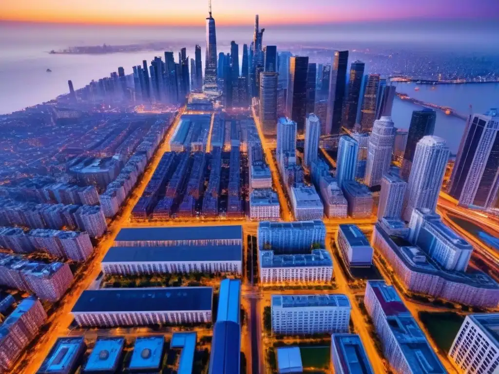 Un vibrante atardecer ilumina altos edificios en una ciudad bulliciosa