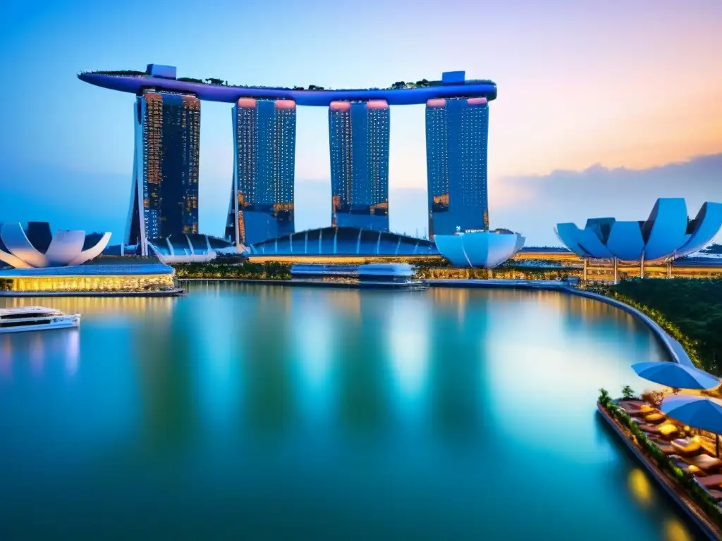 Marina Bay Sands: arquitectura de lujo al atardecer en Singapur Vibrante atardecer en Marina Bay Sands, reflejando los altos rendimientos inmobiliarios en Sudeste Asiático