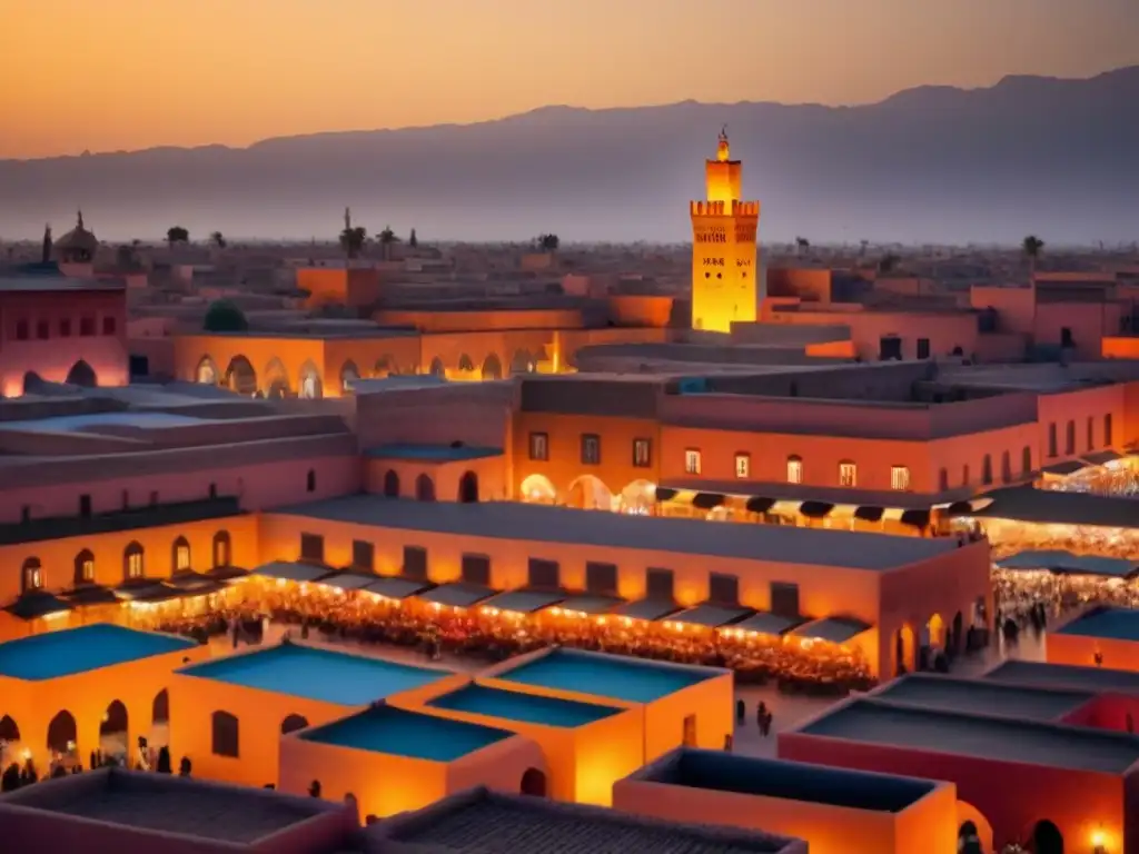 Espléndida Marrakech: fusión arquitectónica al atardecer La vibrante Marrakech al atardecer, mezcla de arquitectura tradicional y moderna