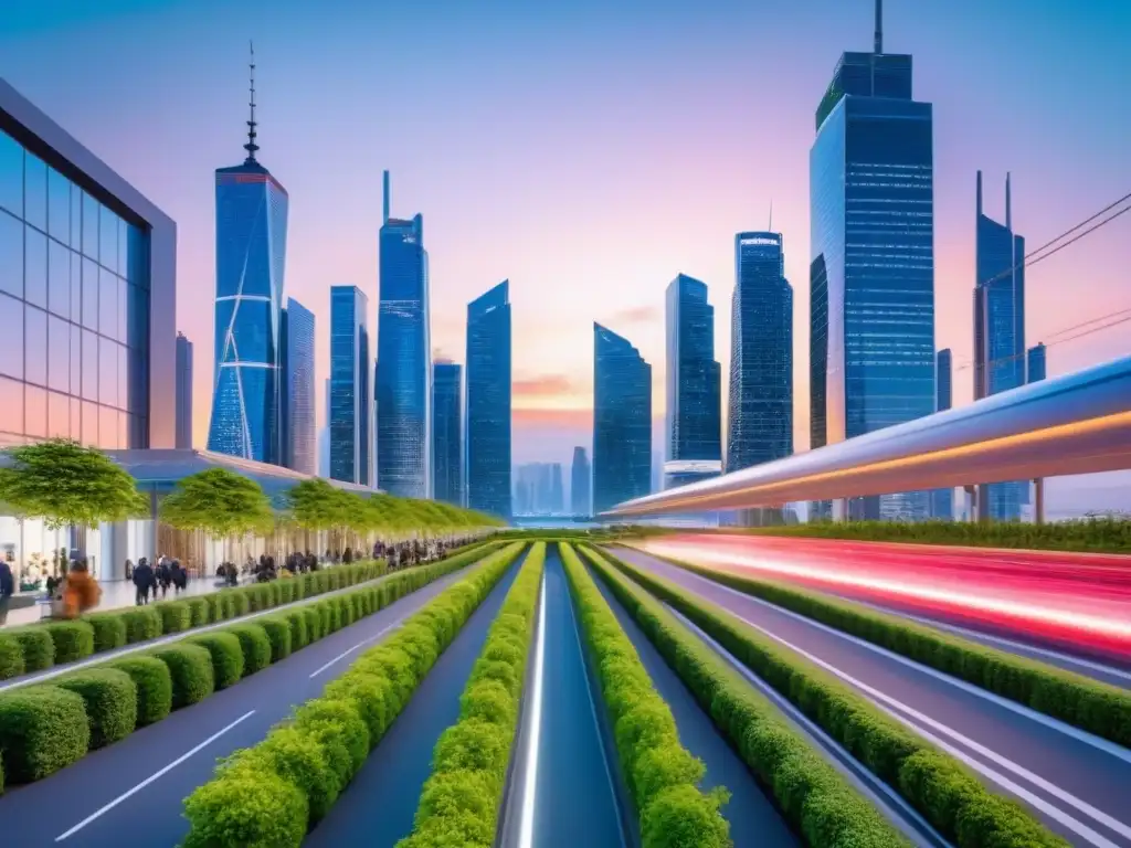 Futurismo urbano: atardecer vibrante en ciudad sostenible Un vibrante atardecer baña una futurista ciudad con rascacielos elegantes, reflejando las últimas luces del día