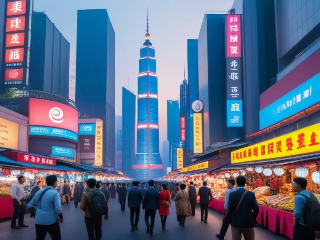 Metrópolis asiática: luces neón y arquitectura vibrante al anochecer Un vibrante atardecer en una bulliciosa ciudad asiática con rascacielos iluminados y calles llenas de vida