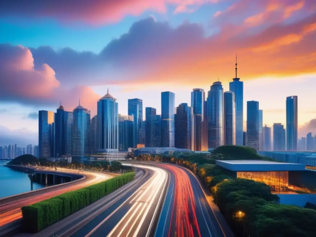 Horizonte urbano al atardecer: modernidad y dinamismo Un vibrante atardecer en la bulliciosa ciudad, con rascacielos modernos y gente transitando