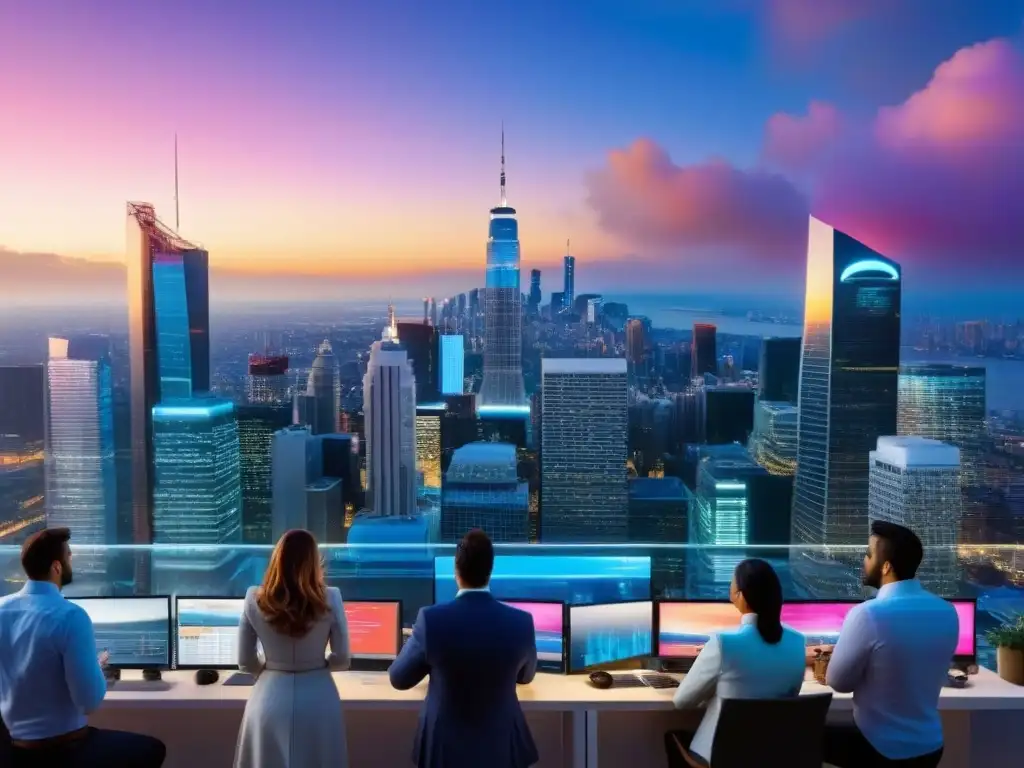 Vibrante metrópolis al atardecer: inversión inmobiliaria global Un vibrante atardecer en una bulliciosa ciudad llena de rascacielos iluminados por luces coloridas