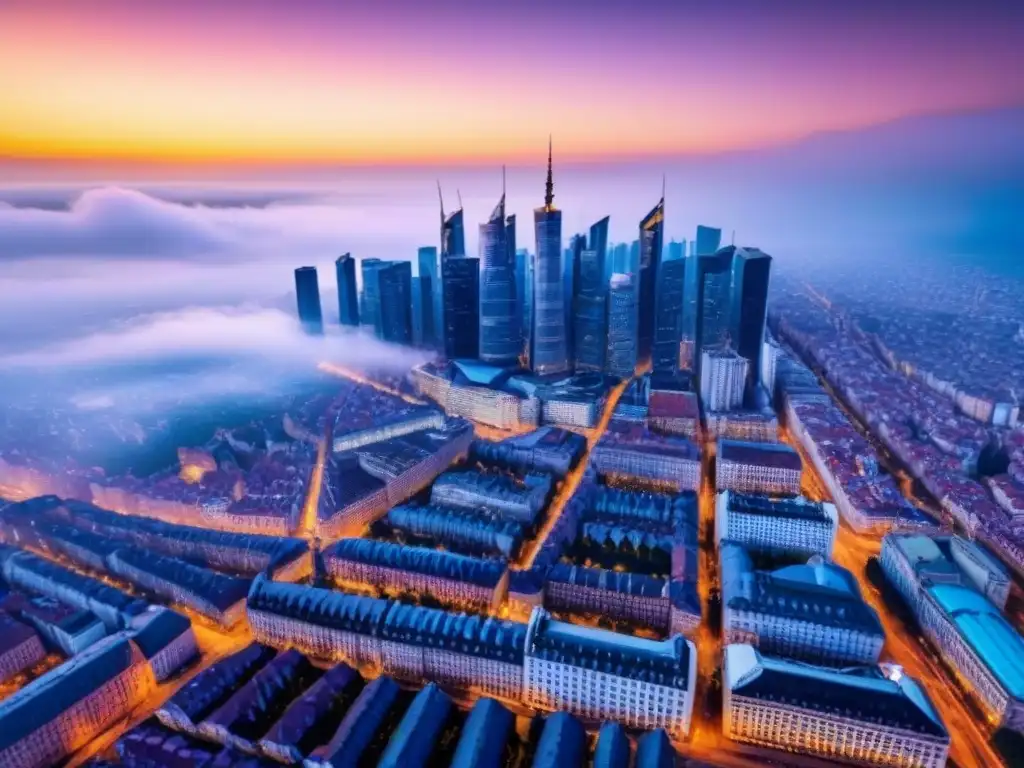 Horizonte urbano de Europa del Este: pasado y futuro en armonía Un vibrante atardecer sobre una bulliciosa ciudad de Europa del Este, fusionando arquitectura histórica y rascacielos modernos