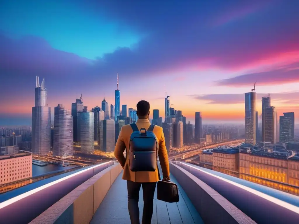 Metrópolis vibrante al atardecer: rascacielos iluminados y bulliciosa calle Un vibrante atardecer en la bulliciosa ciudad, con rascacielos iluminados y gente diversa