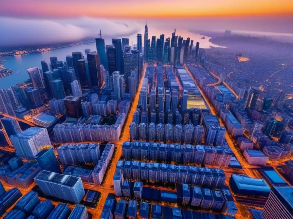 Espléndido atardecer en la ciudad: luces urbanas y naturaleza Un vibrante atardecer sobre una ciudad bulliciosa, con rascacielos iluminados y calles llenas de vida