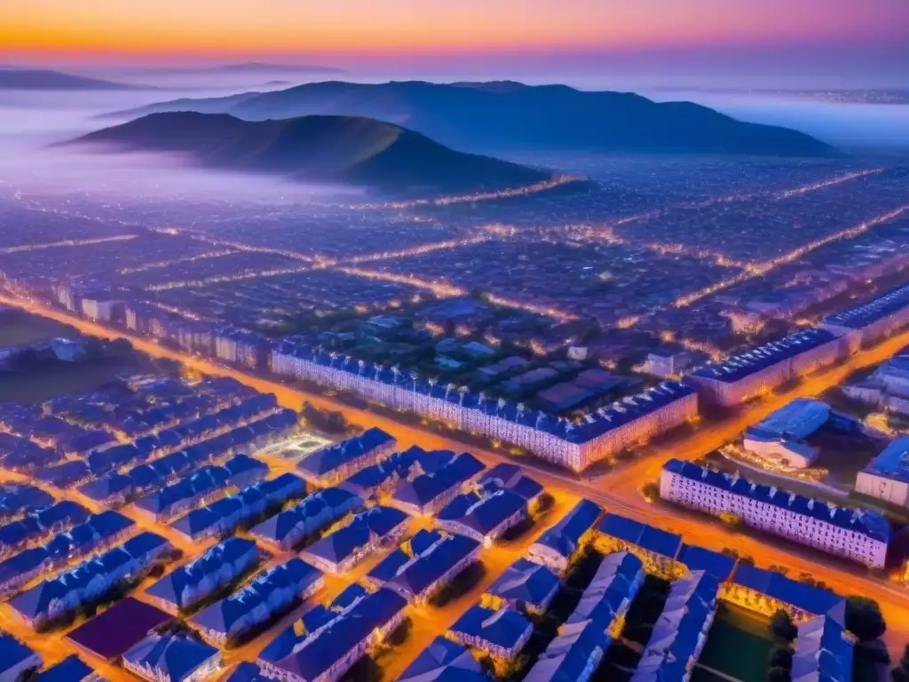 Vista aérea impactante de ciudad fronteriza al atardecer Un vibrante atardecer en una ciudad fronteriza en auge, con rascacielos modernos proyectando largas sombras en las calles