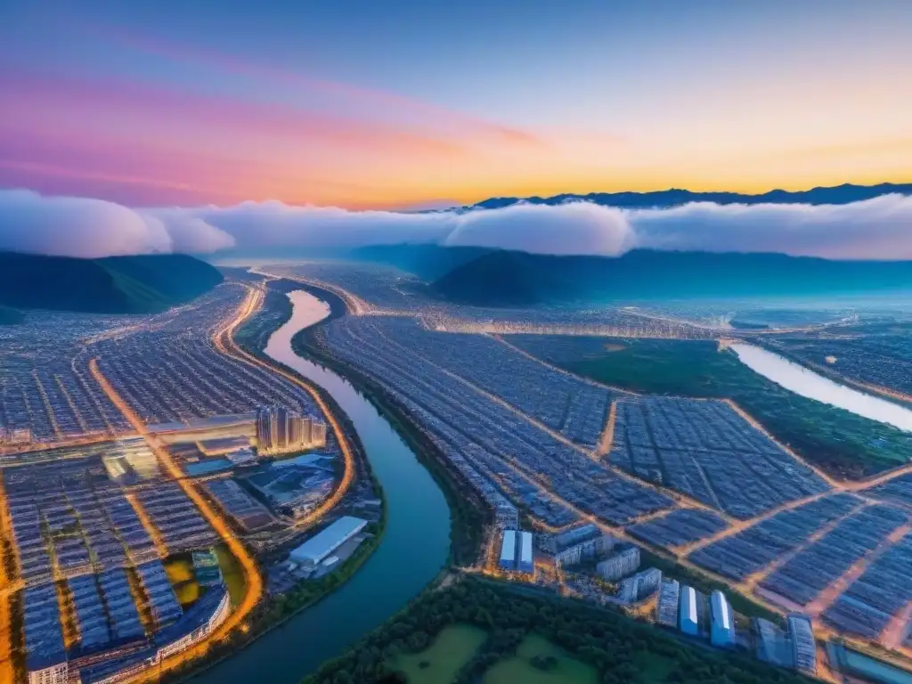 Vista aérea cautivadora de ciudad fronteriza al atardecer Un vibrante atardecer en una ciudad fronteriza, reflejo del mercado inmobiliario con casos de éxito