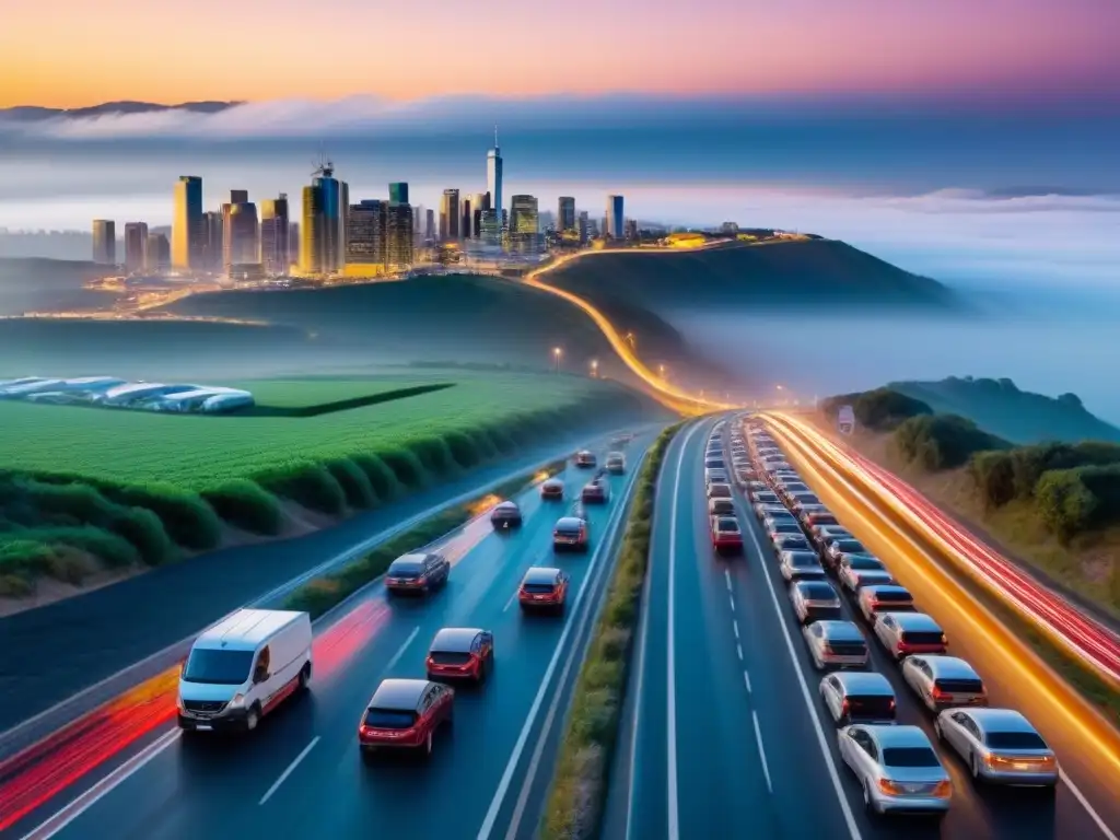 Horizonte fronterizo: ciudad moderna en atardecer vibrante Un vibrante atardecer en una ciudad fronteriza, resaltando su moderna arquitectura y potencial de inversión inmobiliaria transfronteriza