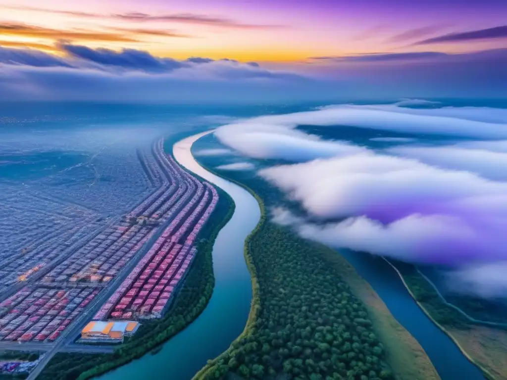 Atardecer vibrante en ciudad fronteriza: modernidad y naturaleza en armonía Un vibrante atardecer en una ciudad fronteriza, con rascacielos modernos y calles llenas de gente, bajo un cielo pintado de colores cálidos