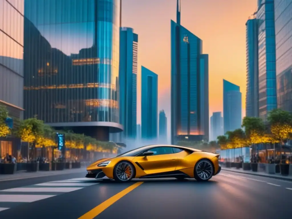 Metrópolis futurista: atardecer dorado en la ciudad de cristal Un vibrante atardecer ilumina una ciudad futurista con rascacielos relucientes y una calle llena de vida