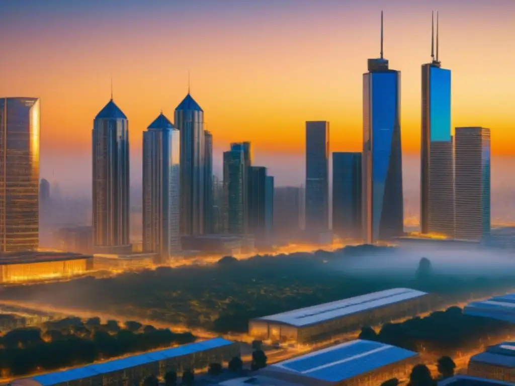 Horizonte urbano futurista al atardecer: mercado inmobiliario internacional Un vibrante atardecer en una ciudad futurista con rascacielos de vidrio