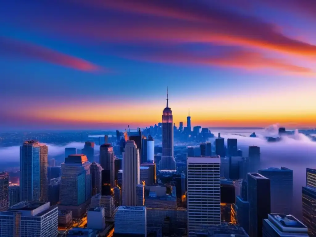Metrópolis futurista: rascacielos y atardecer vibrante Un vibrante atardecer ilumina una ciudad futurista de rascacielos, simbolizando los negocios internacionales en la era digital