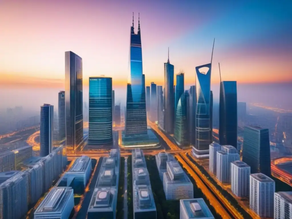 Metrópolis global: ética y compliance en el mercado inmobiliario Un vibrante atardecer ilumina una ciudad global con rascacielos, reflejando tendencias ética compliance mercado inmobiliario