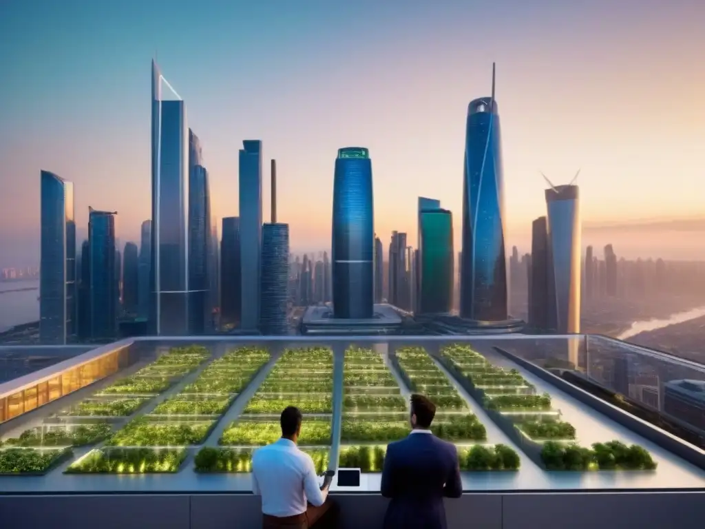 Inversión inmobiliaria sostenible: Millennials en la ciudad del futuro Un vibrante atardecer en la ciudad, Millennials debaten sobre inversión inmobiliaria