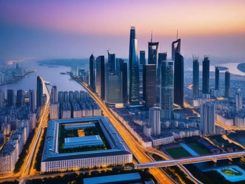 Inversión global: Ciudad nocturna con rascacielos brillantes Un vibrante atardecer en una ciudad llena de rascacielos, reflejando estrategias inversión mercado inmobiliario internacional
