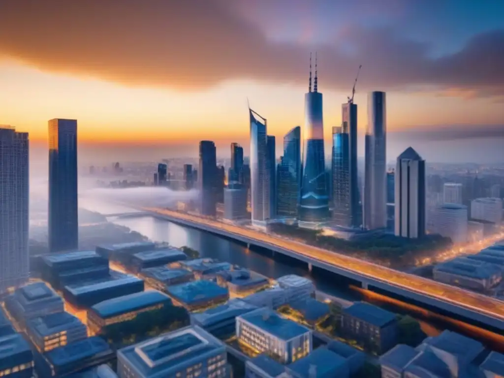 Metrópolis futurista al atardecer: fusión de modernidad y tradición Un vibrante atardecer en la ciudad moderna, con rascacielos futuristas y edificios históricos iluminados por una cálida luz dorada