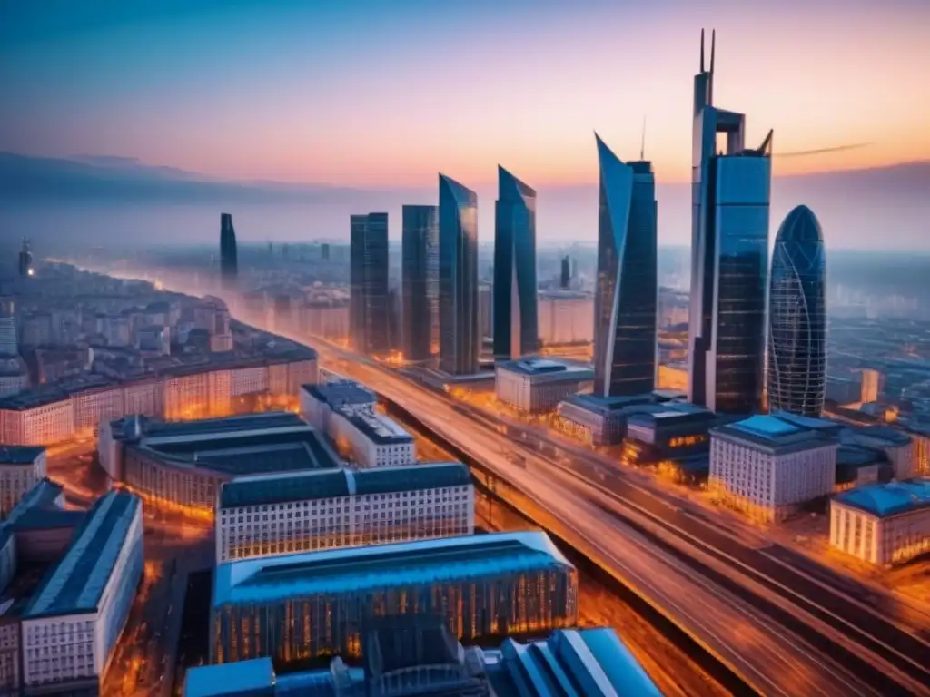 Horizonte urbano en Europa del Este: fusión de modernidad y historia Un vibrante atardecer ilumina una ciudad moderna en Europa del Este, mostrando rascacielos futuristas y arquitectura histórica