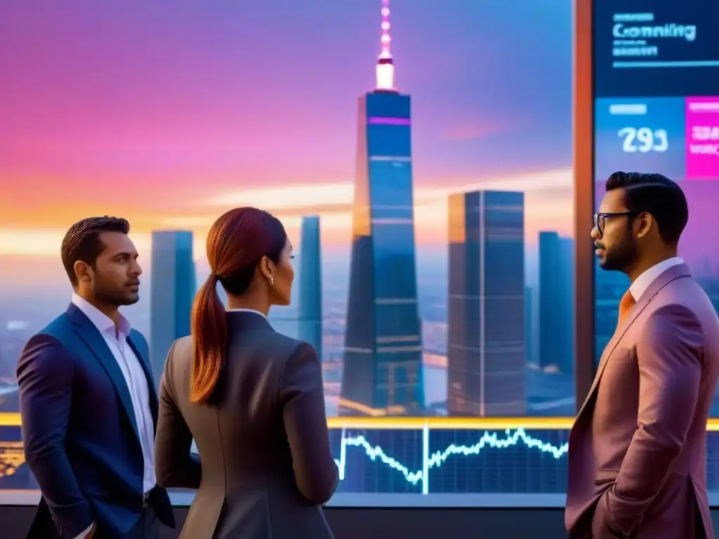 Inversores en la ciudad: Análisis financiero al atardecer Un vibrante atardecer en una ciudad moderna, reflejando tonos cálidos de naranja y rosa en rascacielos de un distrito financiero