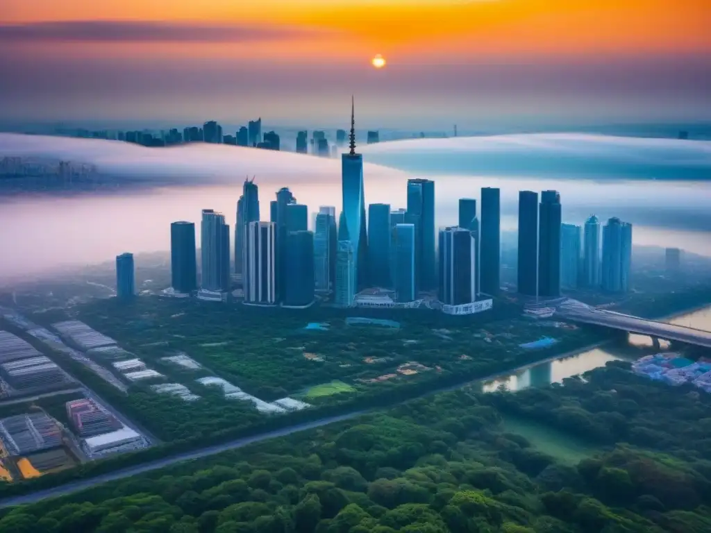 Horizonte urbano al atardecer: metrópolis vibrante y próspera Un vibrante atardecer ilumina una ciudad moderna con rascacielos, rodeada de naturaleza y agua, símbolo del impacto en el mercado inmobiliario ante el envejecimiento poblacional