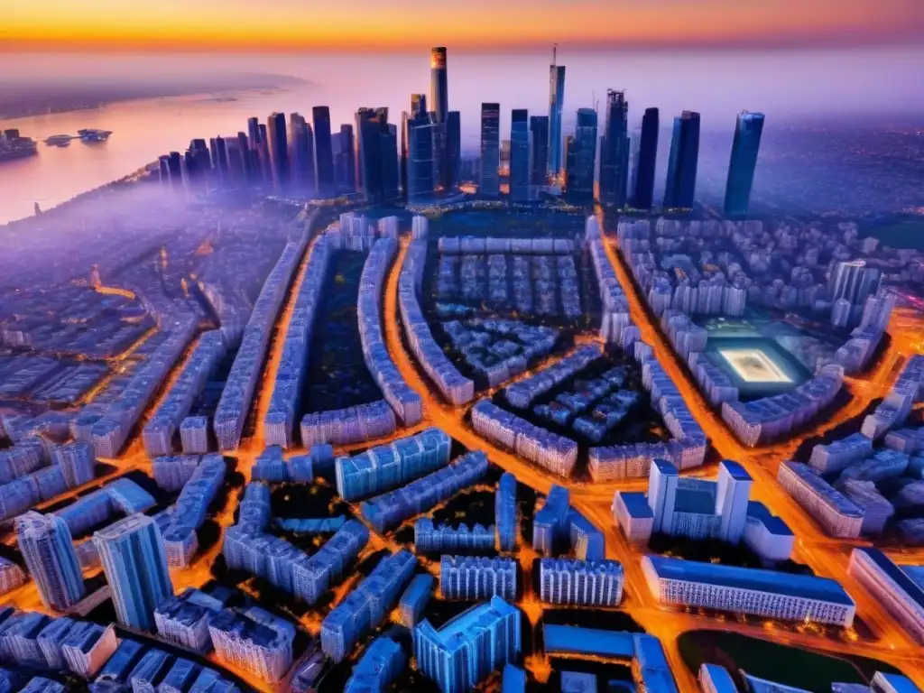 Metrópolis dorada al atardecer: oportunidad inmobiliaria Un vibrante atardecer sobre la ciudad moderna, momento ideal vender propiedad inmobiliaria