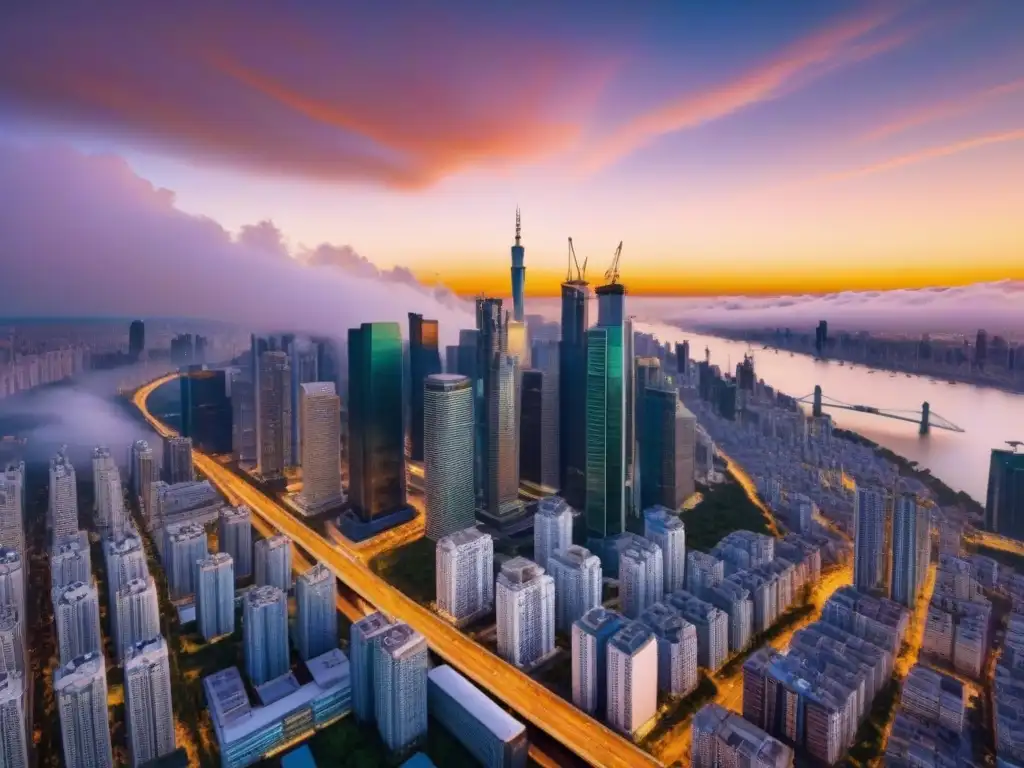 Cityscape urbano con atardecer dramático y rascacielos modernos Un vibrante atardecer ilumina una ciudad moderna con rascacielos, rodeada de vegetación