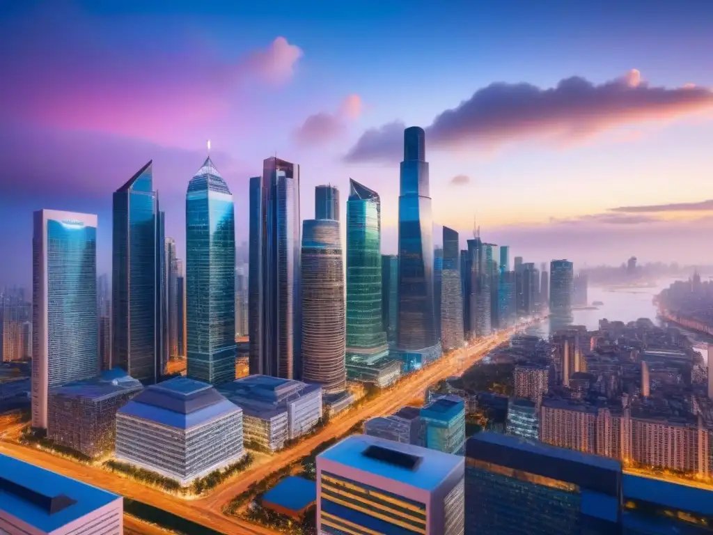 Horizonte urbano global con diversidad y conexiones gracias a REITs Un vibrante atardecer en la ciudad moderna, con rascacielos iluminados y multitud de personas de diversas etnias