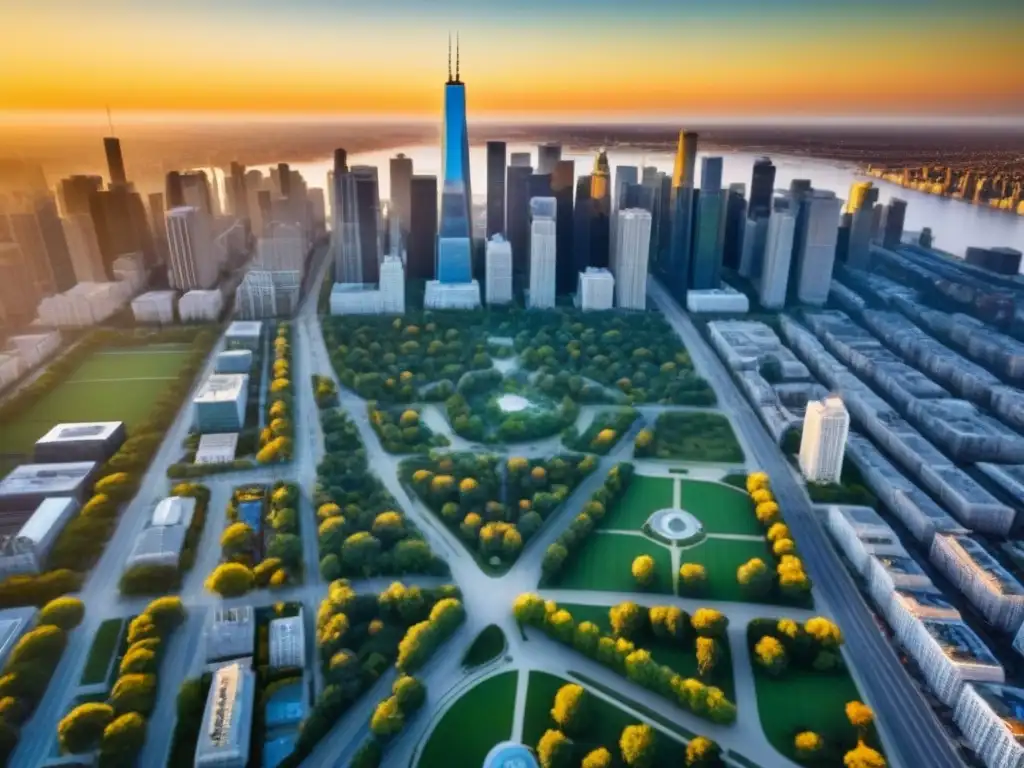 Metrópolis moderna: vida urbana vibrante en América del Norte Un vibrante atardecer en una ciudad norteamericana con desarrollos inmobiliarios en áreas metropolitanas