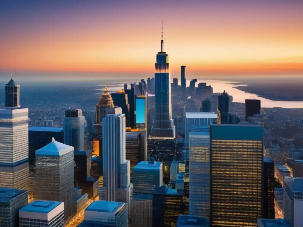 Horizonte urbano al atardecer: M&A en el mercado inmobiliario global Un vibrante atardecer en la ciudad con profesionales debatiendo