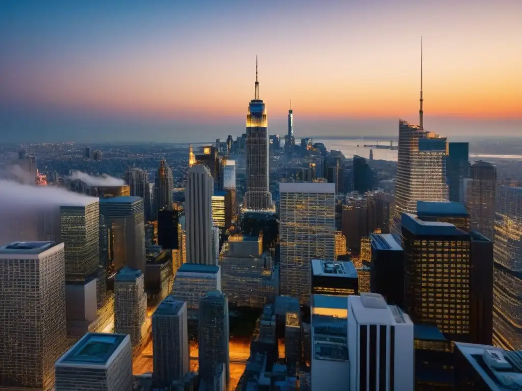Escena urbana al atardecer: dinámicas de M&A inmobiliario Un vibrante atardecer en la ciudad con profesionales en negociaciones, reflejando la compleja psicología M&A inmobiliarias vendedor comprador