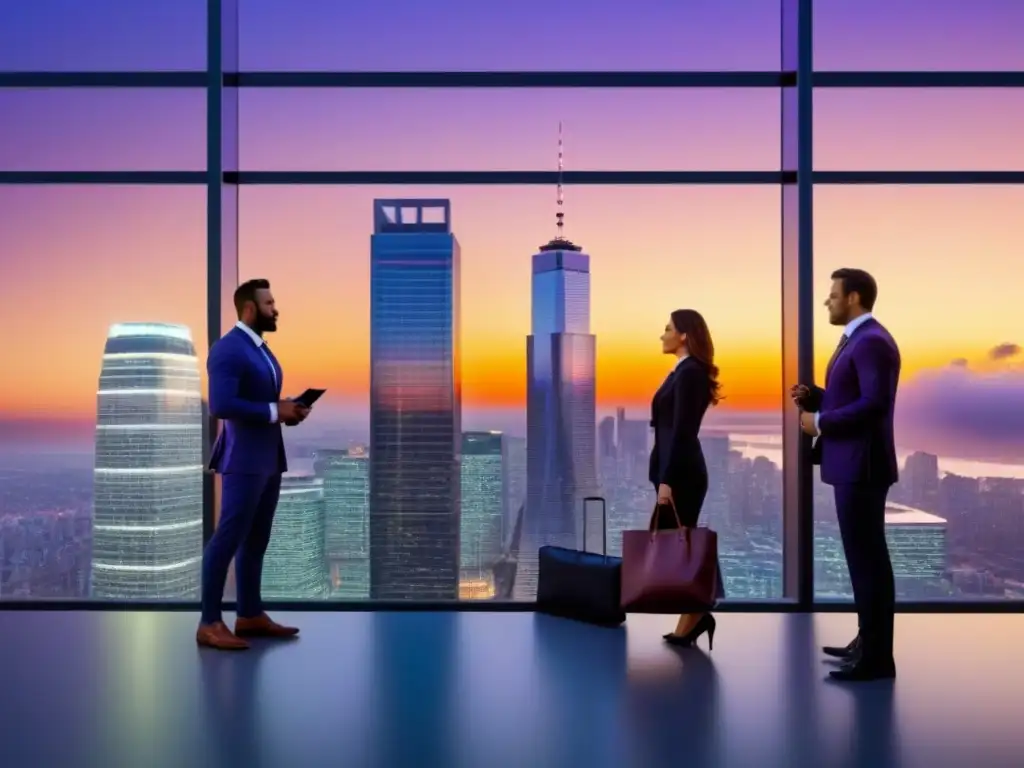 Skyline urbano al atardecer: negocios inmobiliarios globales Un vibrante atardecer en la ciudad, reflejando progreso y colaboración en fusiones inmobiliarias para inversionistas globales