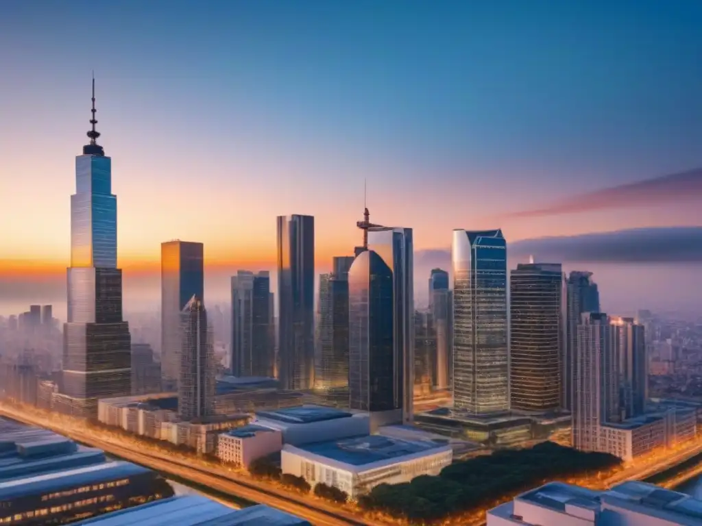 Horizonte urbano en 8k: negocios inmobiliarios en redes sociales Un vibrante atardecer en la ciudad con rascacielos modernos, reflejando el sol y profesionales en animada discusión