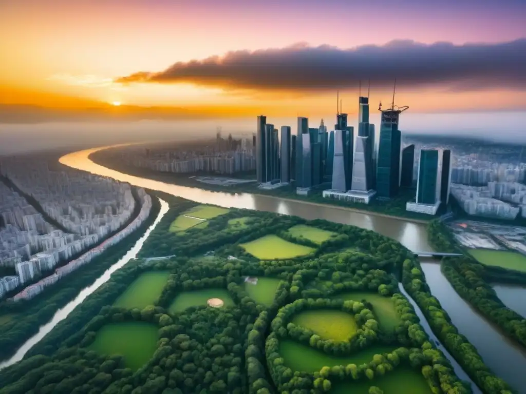 Espléndido atardecer en metrópolis próspera y dinámica Un vibrante atardecer ilumina la ciudad, reflejando en sus rascacielos