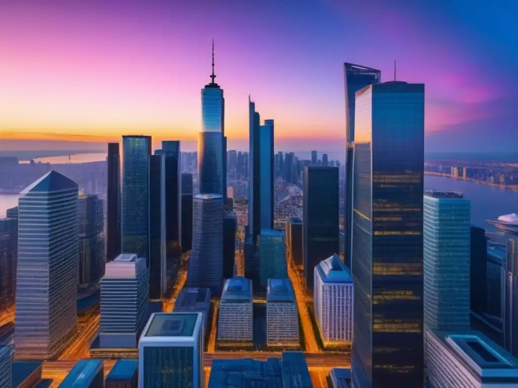 Horizonte urbano de ciudad moderna al atardecer: escena financiera vibrante Un vibrante atardecer en la ciudad, con rascacielos iluminados y un distrito financiero bullicioso